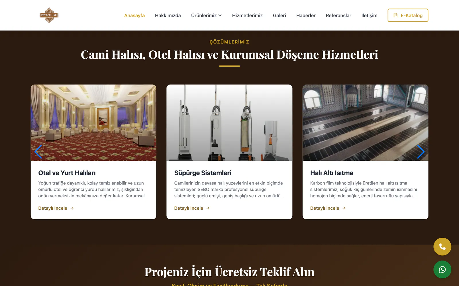 Zeybek Halı ana sayfasındaki hizmetler bölümü: otel ve yurt halıları, süpürge sistemleri ve halı altı ısıtma kartları.